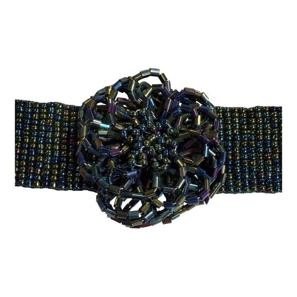 Handmade Beaded Bracelet 3d Floral Black Iridescent Rose Adjustable Length Clasp - Picture 5 of 6